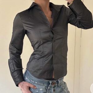 Vintage Black Dark Grey Pinstripe Fitted Shirt Button Down Shirt